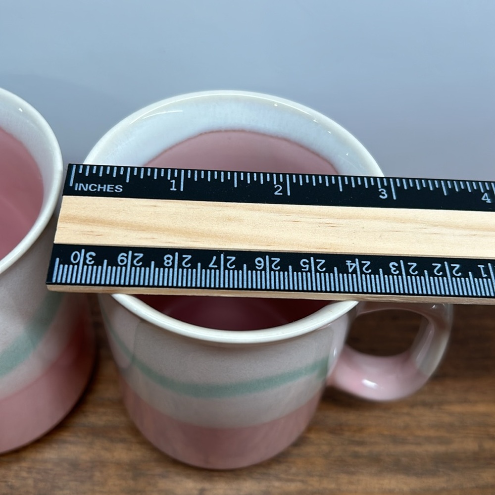 Vintage 80’s Stoneware Mugs Set Of Two Pink Mint Green & Cream In Colour - Picture 7 of 11